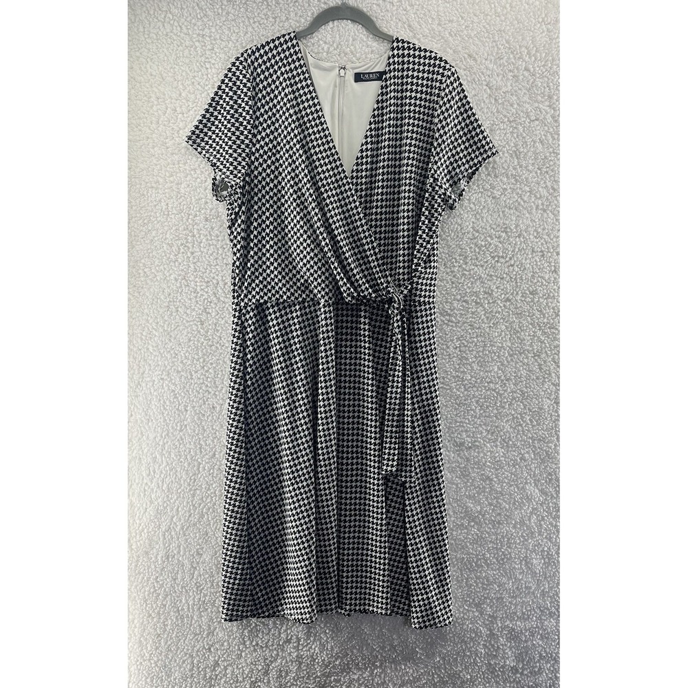 Lauren Ralph Lauren Houndstooth Faux Wrap Dress Sz 18 Black White Stretch Career